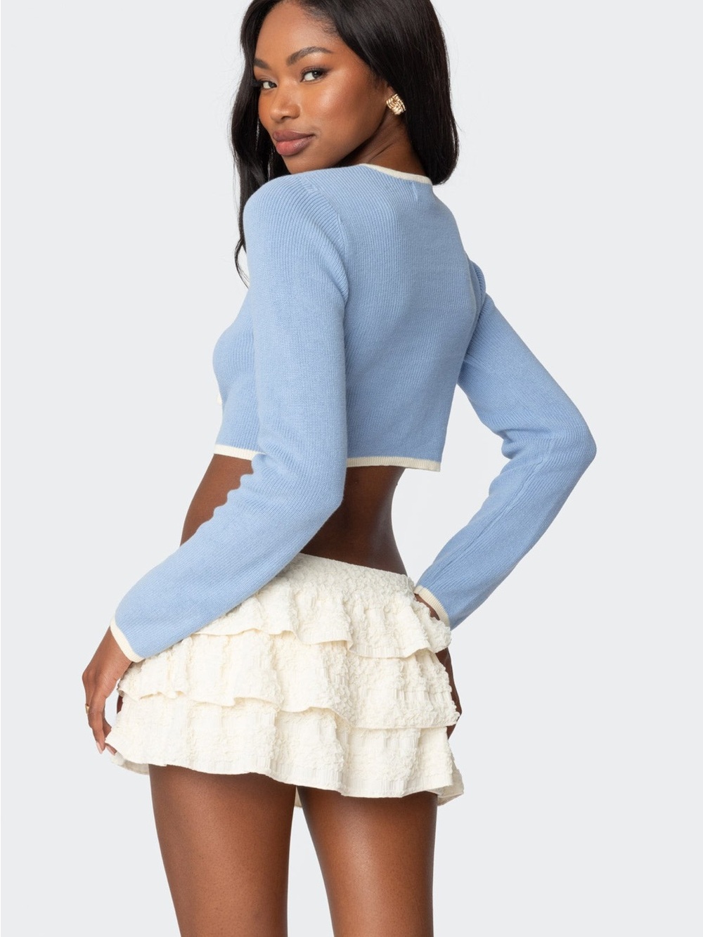Light Blue Ribbed Tie-Front Crop Top with Cream Trim - Picture 3 of 5